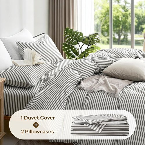 JELLYMONI 100% Natural Cotton Striped Duvet Cover Set - White & Grey | Queen Size, Zipper Closure & Corner Ties