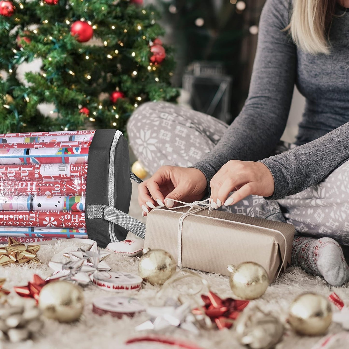Primode Wrapping Paper Storage Bag - Durable 600D Oxford Organizer for Under Bed, 42” Length (Black)