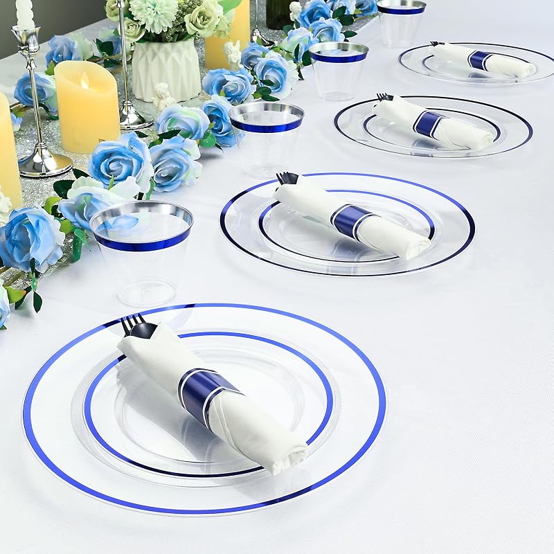 200 Pc Blue Pre-Rolled Plastic Cutlery Set - 200 Forks, Knives, Spoons + Napkins (Variation: 200PC+Blue)
