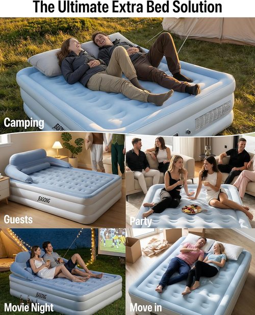 JEASONG Queen Air Mattress - 20" Raised Inflatable Bed with Built-in Pump & Headboard | Portable for Camping & Guests
