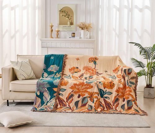 Ffdshc Boho Throw Blanket for Couch Sofa 90"x98",100% Cotton Muslin Throw Blanket for Bed,Ultra Soft 4-Layers Woven Blanket with Floral Printed for All Season,Farmhouse Throws Bed Chair Cover