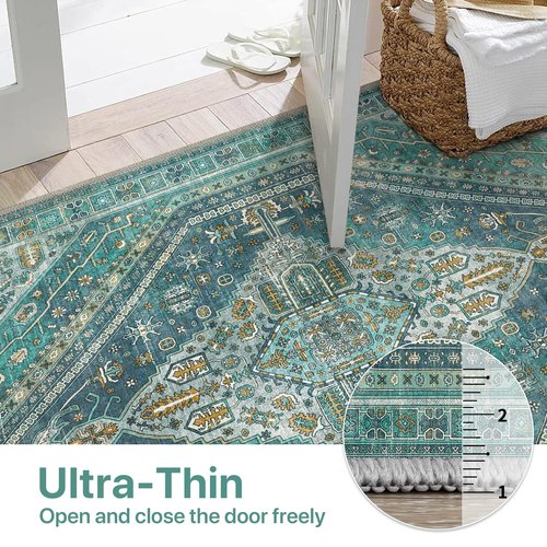 Bavni Rugs for Living Room, Vintage Stain Resistant Washable Rug, Lightweight 6x9 Area Rugs Non Slip, Thin Pet Friendly Green Rugs for Bedroom, Playroom, Dining Room