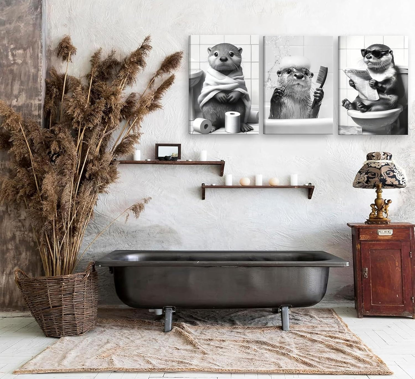 Skiennix Cute Otter Canvas Wall Art - Funny Black and White Animal Print for Bathroom Decor | 3-Piece Set