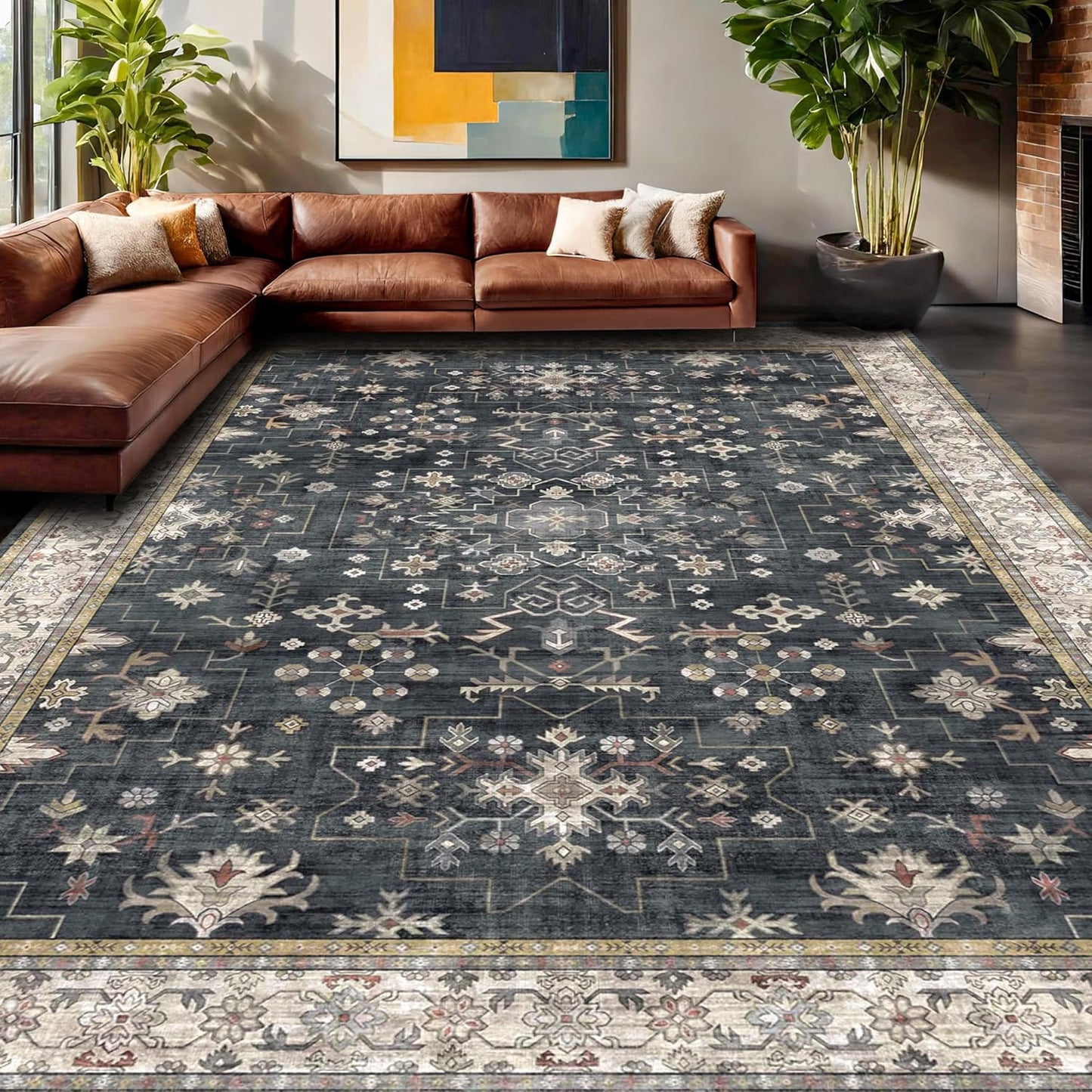 Boho Black Rug | Washable 10x14 Area Rug - Soft Low Pile Carpet for Living Room & Dining Room, Non-Slip & Stain Resistant
