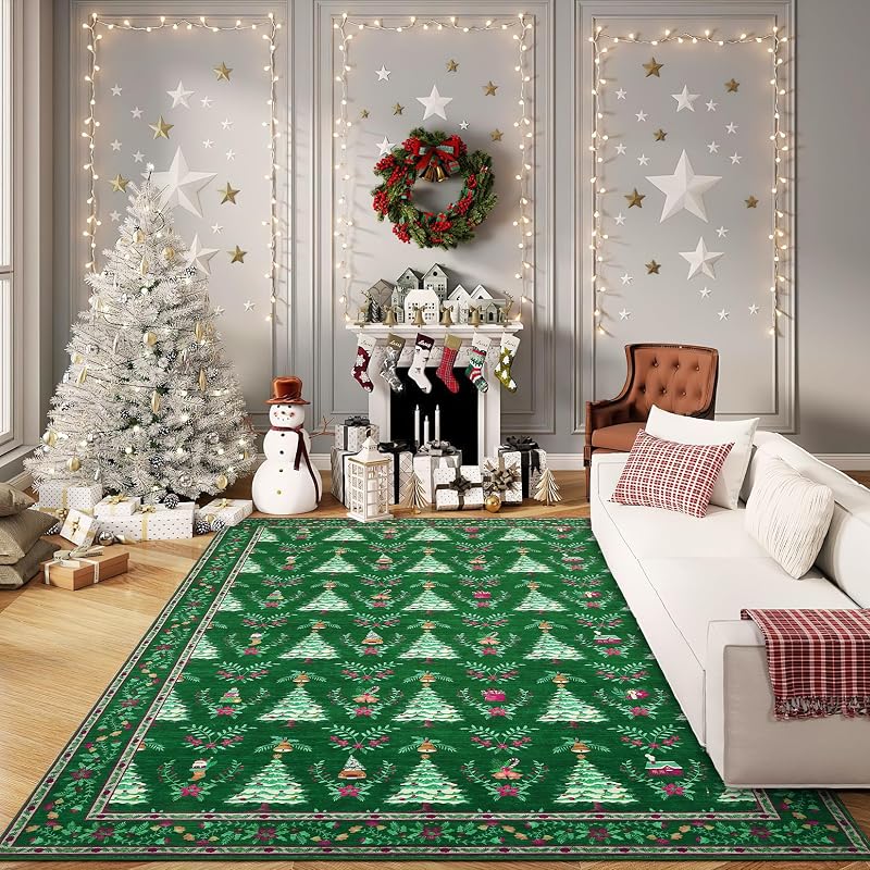 Green Christmas Tree & Floral Rug 8x10, Low-Pile Non-Slip Indoor Accent Rug