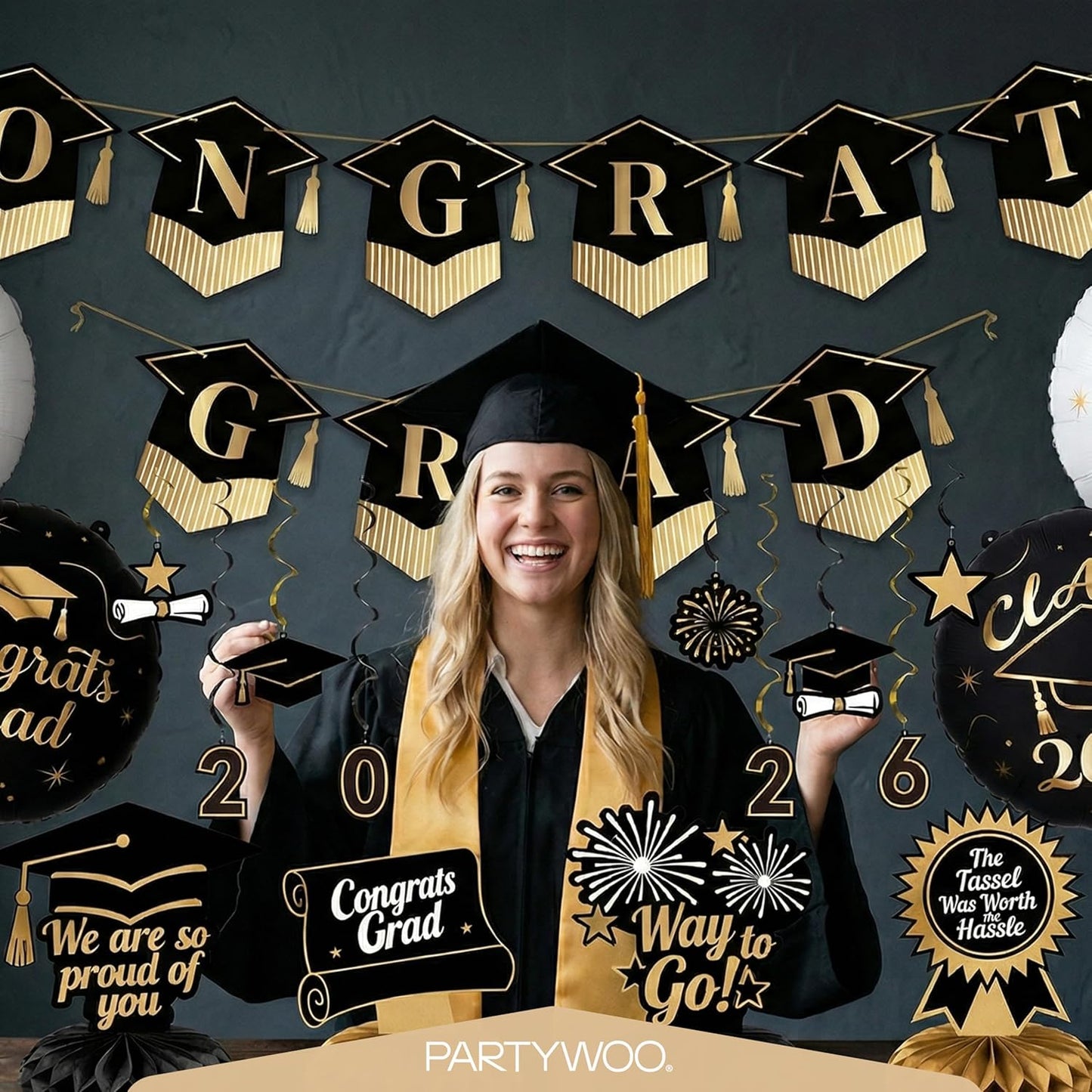 PartyWoo Graduation Decorations - Class of 2026 Black & Gold Banner Set for College & High School Parties | 2-Piece