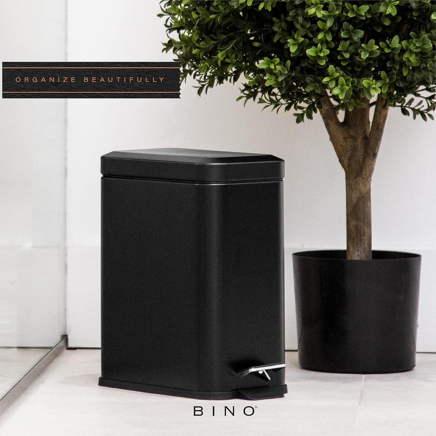 BINO Rectangular Step Trash Can - 1.3 Gallon Stainless Steel with Lid | Matte Black Kitchen & Bathroom Garbage Can