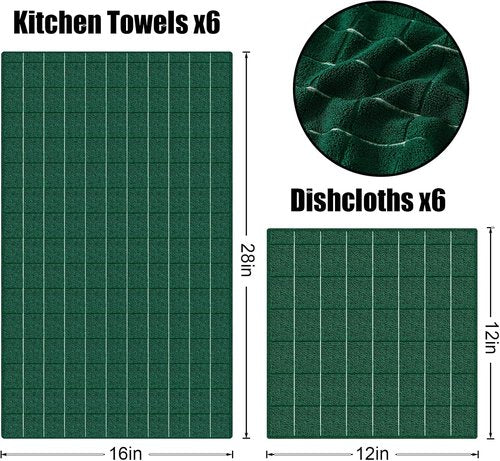 Homaxy Microfiber Kitchen Towels - 12 Pack Soft & Absorbent Dishcloths | Quick Drying Rags in Dark Green, 28 x 16 & 12 x 12 Inch