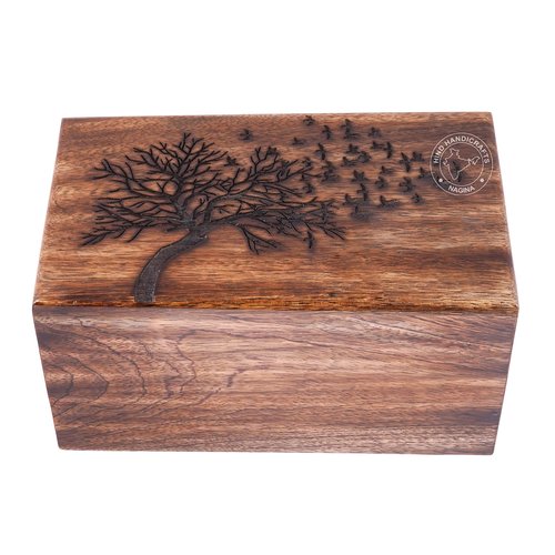 HIND HANDICRAFTS Wooden Box Funeral Cremation Urns for Human Ashes Adult Large - Burial Urns for Columbarium - Tree of Life Flying Bird (180 Cubic Inches, Antique)