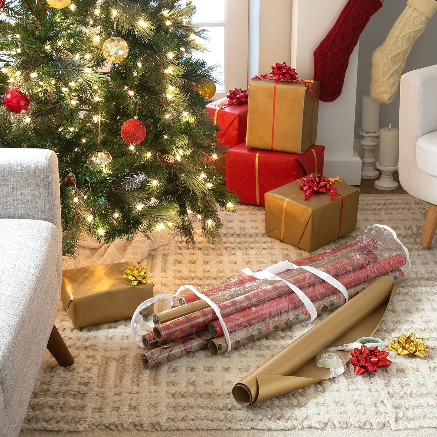 Simplify Clear Gift Wrap Storage Bag - Holds 30" Long Wrapping Paper Rolls | Zipper Closure | Easy Carry Hangers | Red
