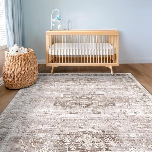 Hazo Haus Washable Area Rug - Neutral Farmhouse Design | Stain Resistant, Non-Slip, 5x7 Beige/Latte