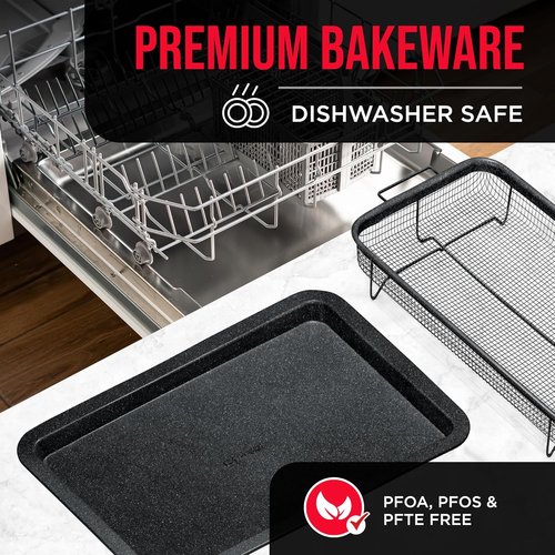 Bakken Swiss Crisper Tray - Non-Stick 2-Piece Set for Healthier Cooking | Gray Marble Design