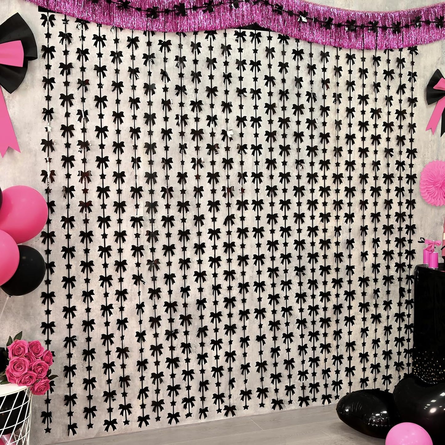 Menstarsi Bow Party Decorations - 2 Pack Black Foil Fringe Curtains | 3.3 X 6.6 Ft Backdrop for Events