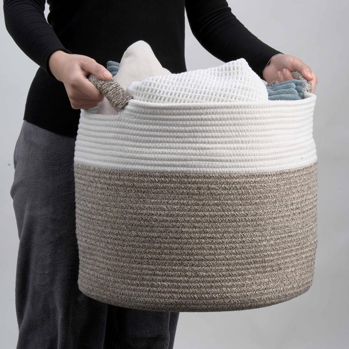 Skiennix Woven Round Rope Storage Basket - Stylish Blanket & Toy Organizer (16"Wx14"H) - White & Brown