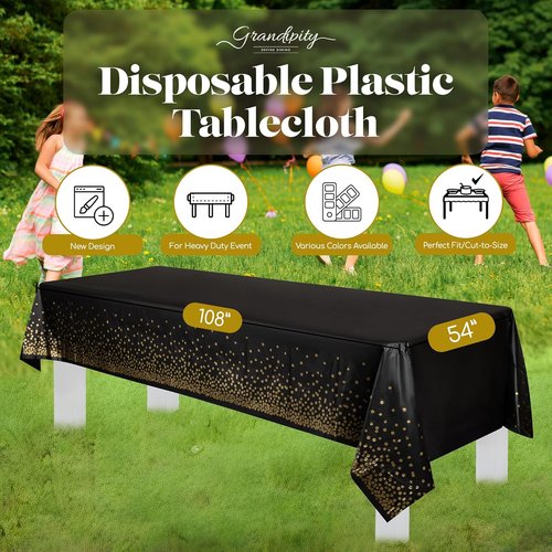 Grandipity Gold Dot Tablecloth - Premium Disposable Plastic Cover | 54" x 108" Rectangle, Black