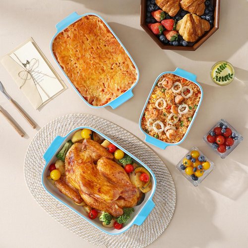 MALACASA Casserole Dishes Set of 3 - Ceramic Baking Pans with Handles | Rectangular Lasagna Pans in White with Blue Trim (13.8''/11.7''/9.4'')