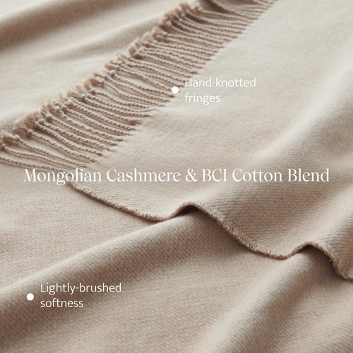 Double Stitch Cashmere Cotton Throw Blanket, Soft & Cozy Blanket with Decorative Fringes for All-Seasons, Ideal for Couch & Bed, Classic Design with Gift Box, Milky Tan, 50" x 60"