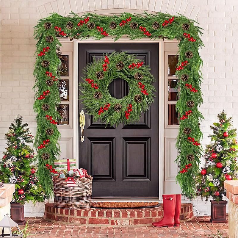 6Ft Norfolk Pine Garland with Red Berries & Pine Cones - Real-Touch Christmas Church Mantle