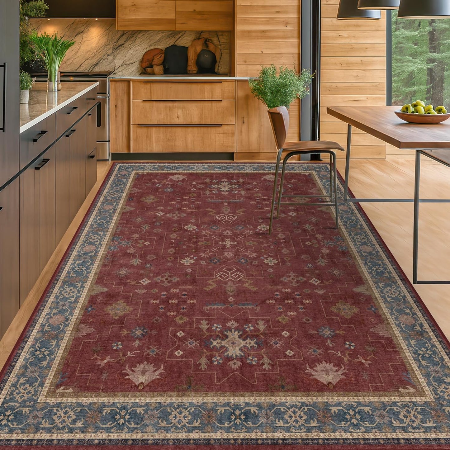 Regine Switzerland 6x8 Vintage Burgundy Dining Room Rug - Machine Washable Boho Carpet for Living Room