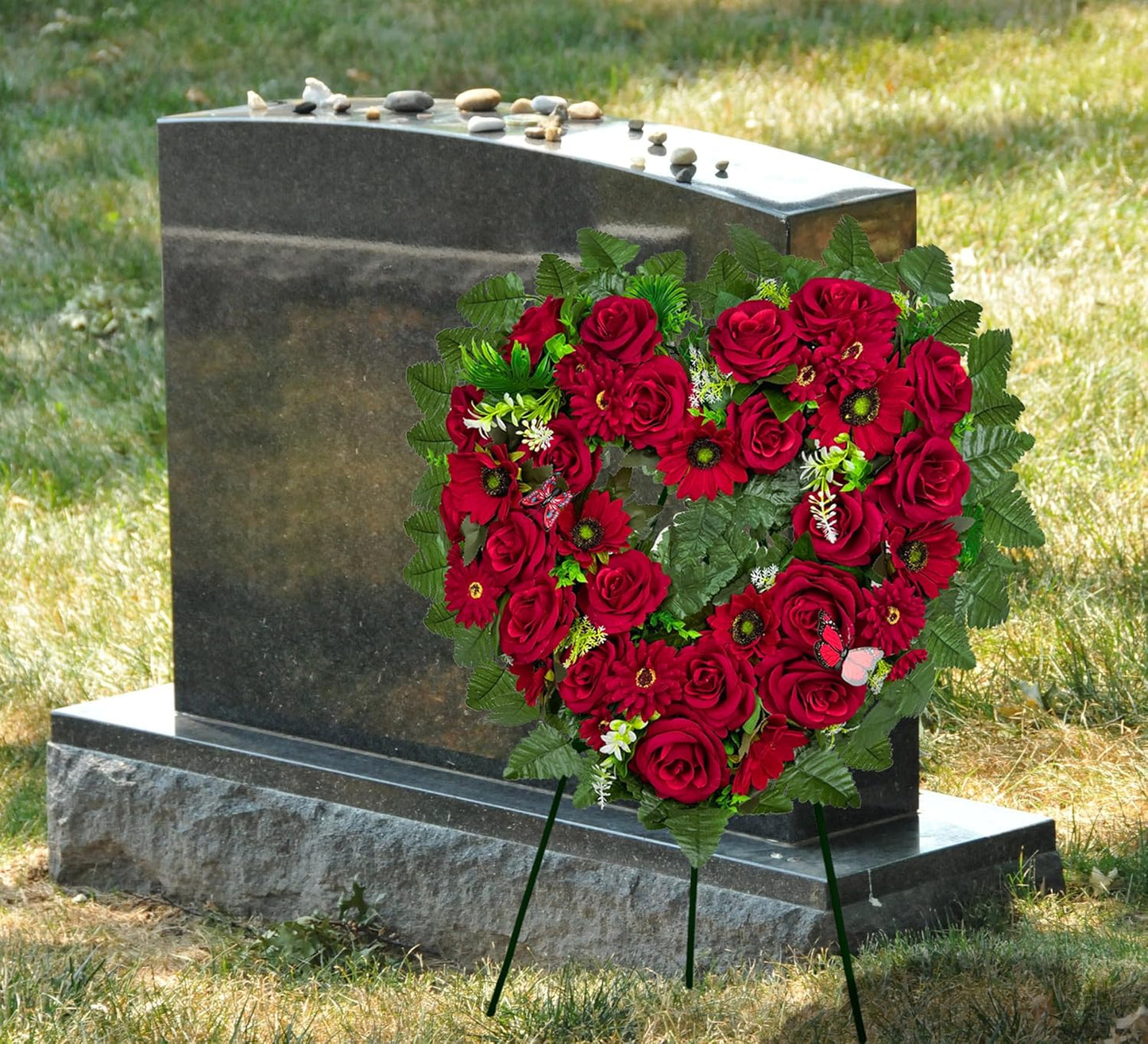 Regine Switzerland Cemetery Wreath - Heart-Shaped Memorial Floral with 30-Inch Easel Stand | Red Rose Design