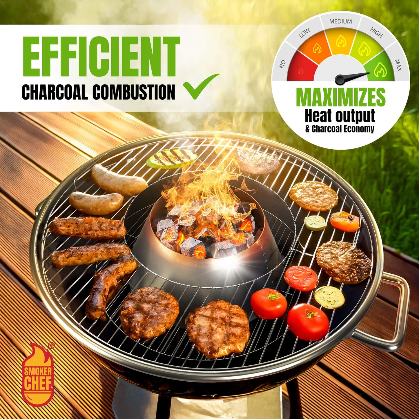 Smoker Chef Charcoal Heat Deflector - XL (XLarge) Stainless Steel BBQ Whirlpool for BGE XL & Big Joe - 13.7 Inches Base - 9.2 Inches Top - 4.9 In High - Slow and Sear Grill Accessories - Cone Shape