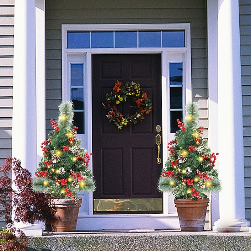 2 Pack Pre-Lit 2ft Pathway Christmas Trees with Stake - Battery Operated, 60 LED