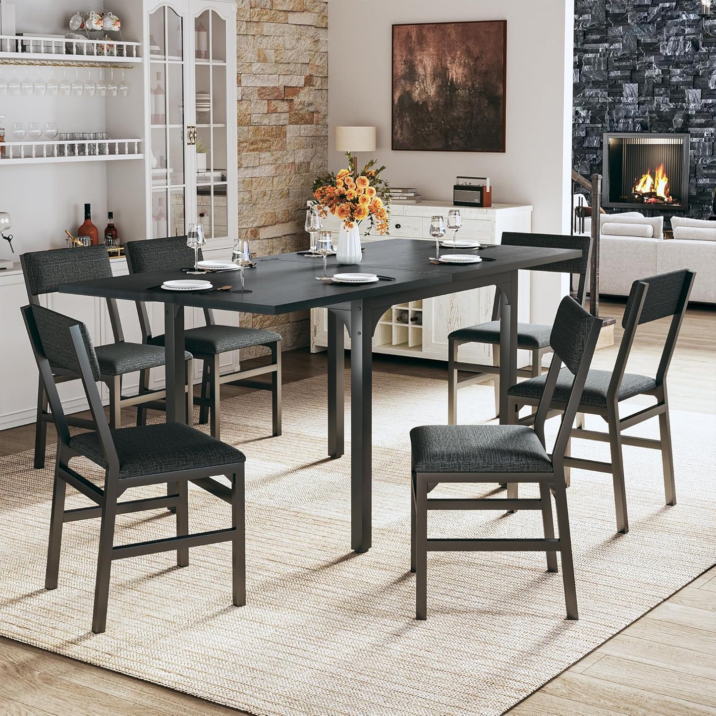 Skiennix 7-Piece Dining Table Set - Extendable Rectangle Table with 6 Cushioned Chairs - Black