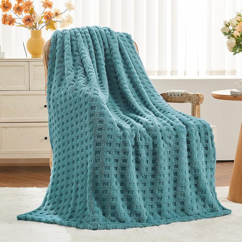 Newcosplay 3D Waffle Checkered Flannel Queen Blanket - Light Teal 90x90