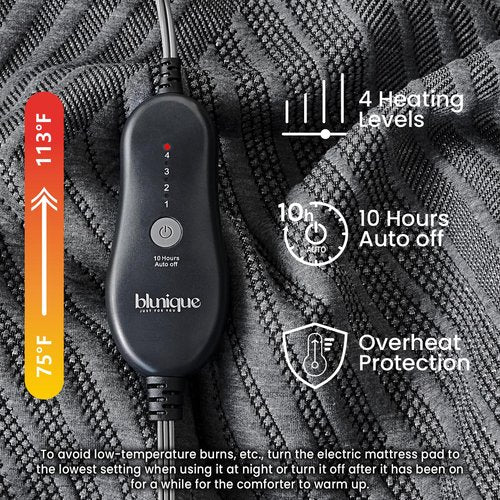 blunique Electric Heated Mattress Pad King Size Dual Control Bed Warmer, Deep Pocket, Side Storage Pouch for Controller, Machine Washable, 3D Air Layer Fabric, 78"x80", Black Charcoal