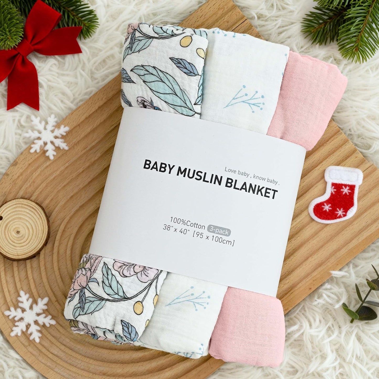 Skiennix Muslin Swaddle Blankets - 3 Pack Soft & Breathable Receiving Blankets | Large 38 x 40 Inches, Cute Flower Design