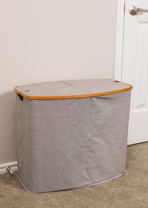 BirdRock Home Bamboo & Canvas Hamper | Double Laundry Basket with Lid | Divided Foldable Hamper | Cut Out Handles