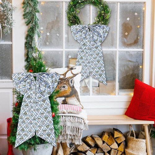 HunnmingRe Christmas Wreath Sash - 24 x 16 Inch Blue Block Print Bow for Indoor/Outdoor Decor