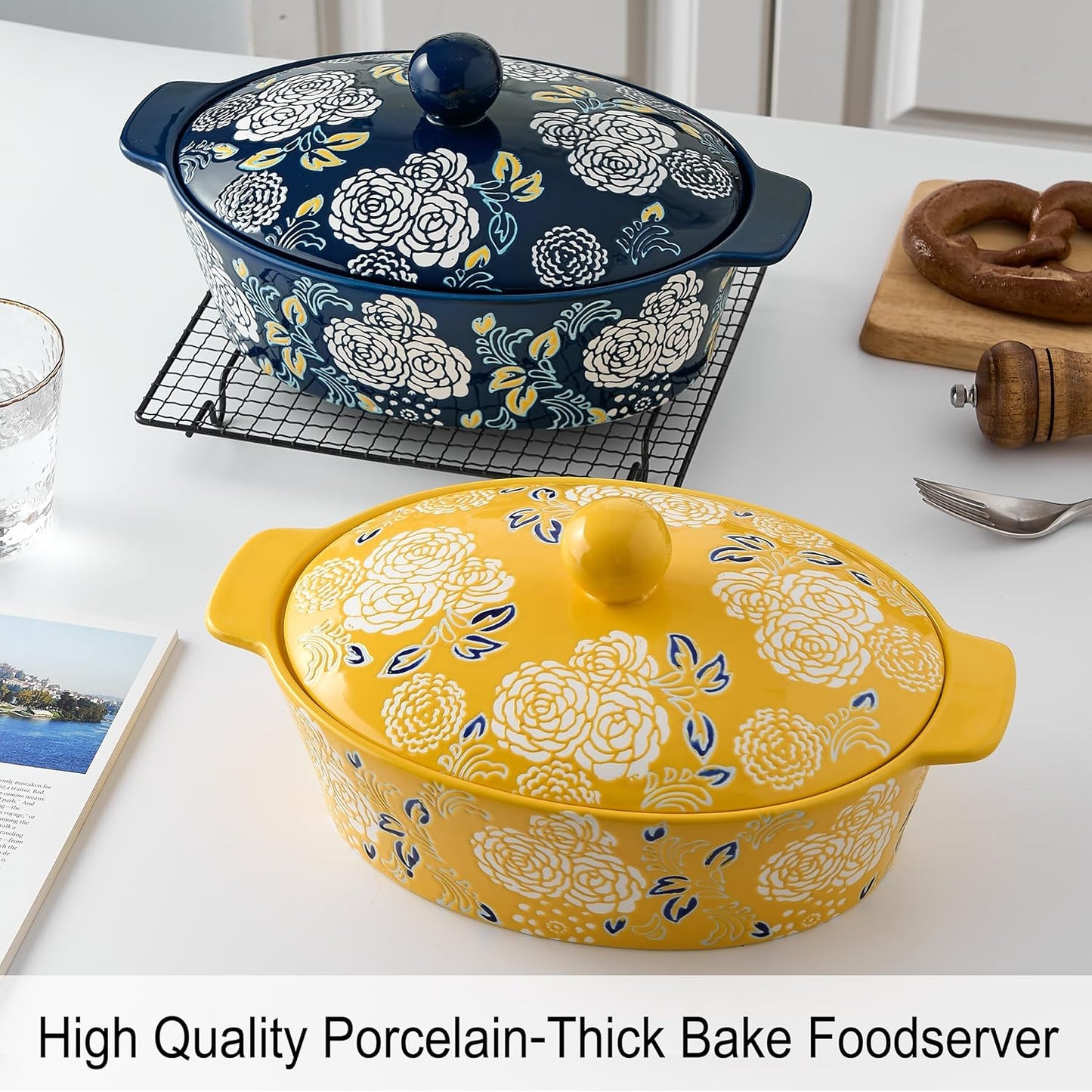 Skiennix Ceramic Casserole Dish With Lid - Versatile Oval Baking Pan for Lasagna & Bread - Yellow
