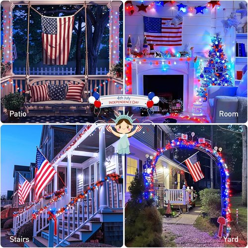 JMEXSUSS 100 LED Connectable Red, White, and Blue Globe String Lights - 33ft Indoor/Outdoor with Remote & 8 Modes for 4th of July Decor