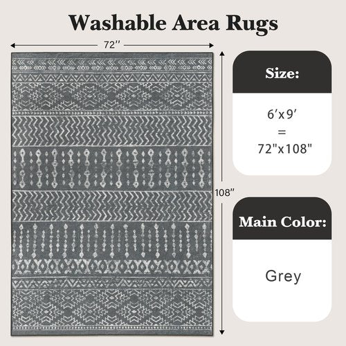 Art&Tuft 6x9 Area Rug, Super Soft Ultra-Thin Moroccan Washable Rug, Anti-Slip Backing Rugs for Living Room, Foldable Geometric Machine Washable Area Rug(6'x9', Grey)