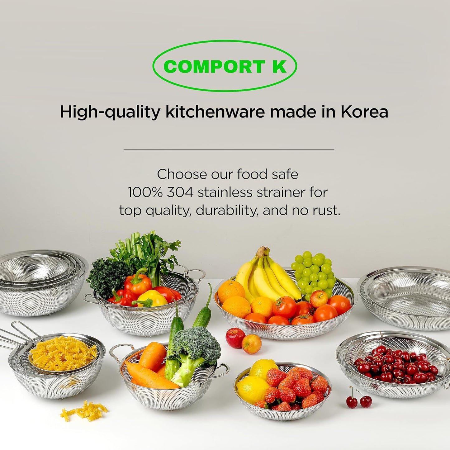 Premium 18/8 304 Stainless Steel Strainer Set of 3 - Micro-Perforated Design with Long Handle | Self-Draining Base for Pasta, Rice, Vegetables (1.5, 2.5, 4 Qt) - Made in Korea