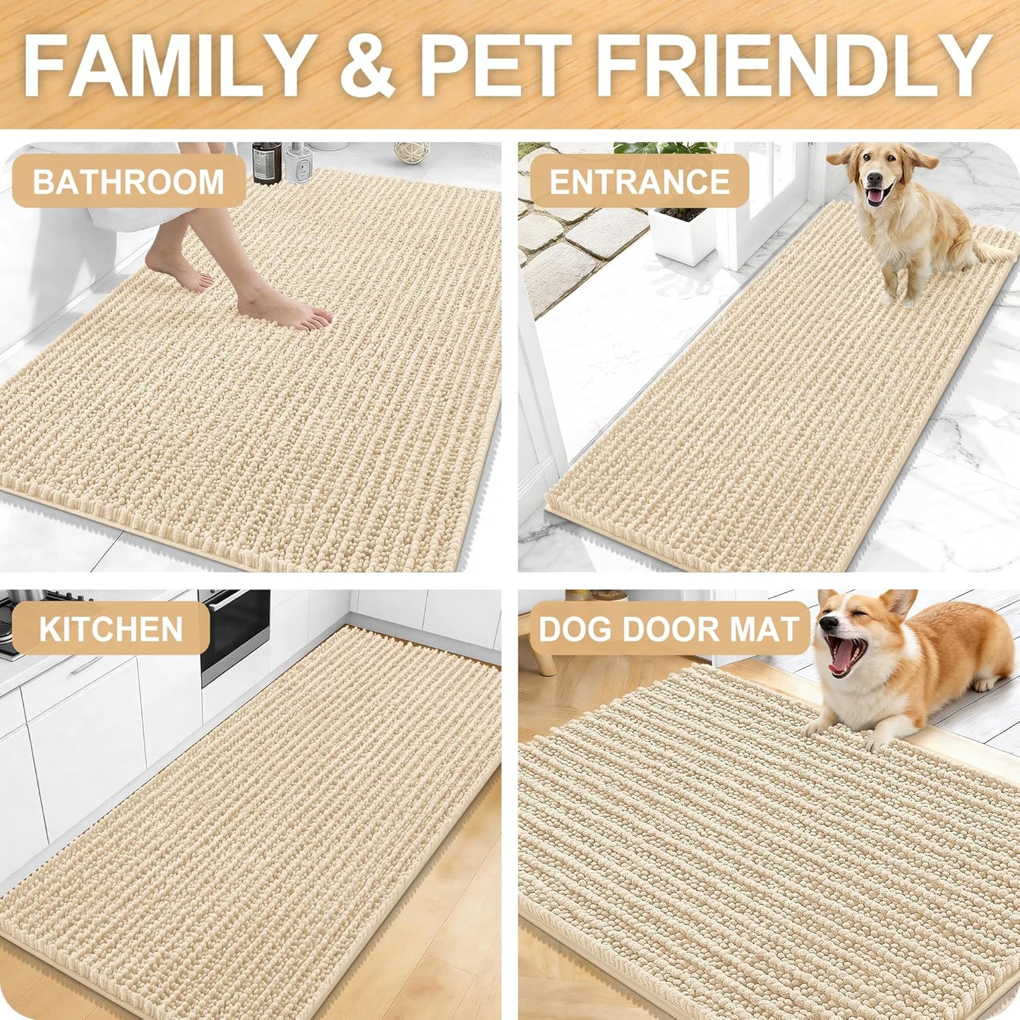 OLANLY Bath Rug Mat - Thick Soft Chenille, Non-Slip Rubber Backing | 40x32 Inches, Beige, Machine Washable