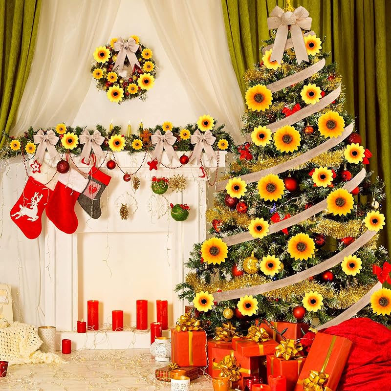 Sunflower Christmas Tree Decoration Kit - 62 Pcs with Ribbons, 4 Sizes
