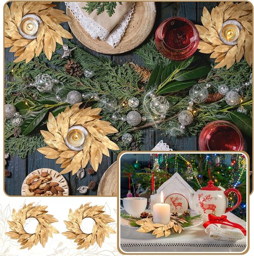 Domensi Gold Bay Leaf Candle Rings - 2 Pcs Rustic Candleholders for 3.9 Inch Pillar Candles | Christmas Decor