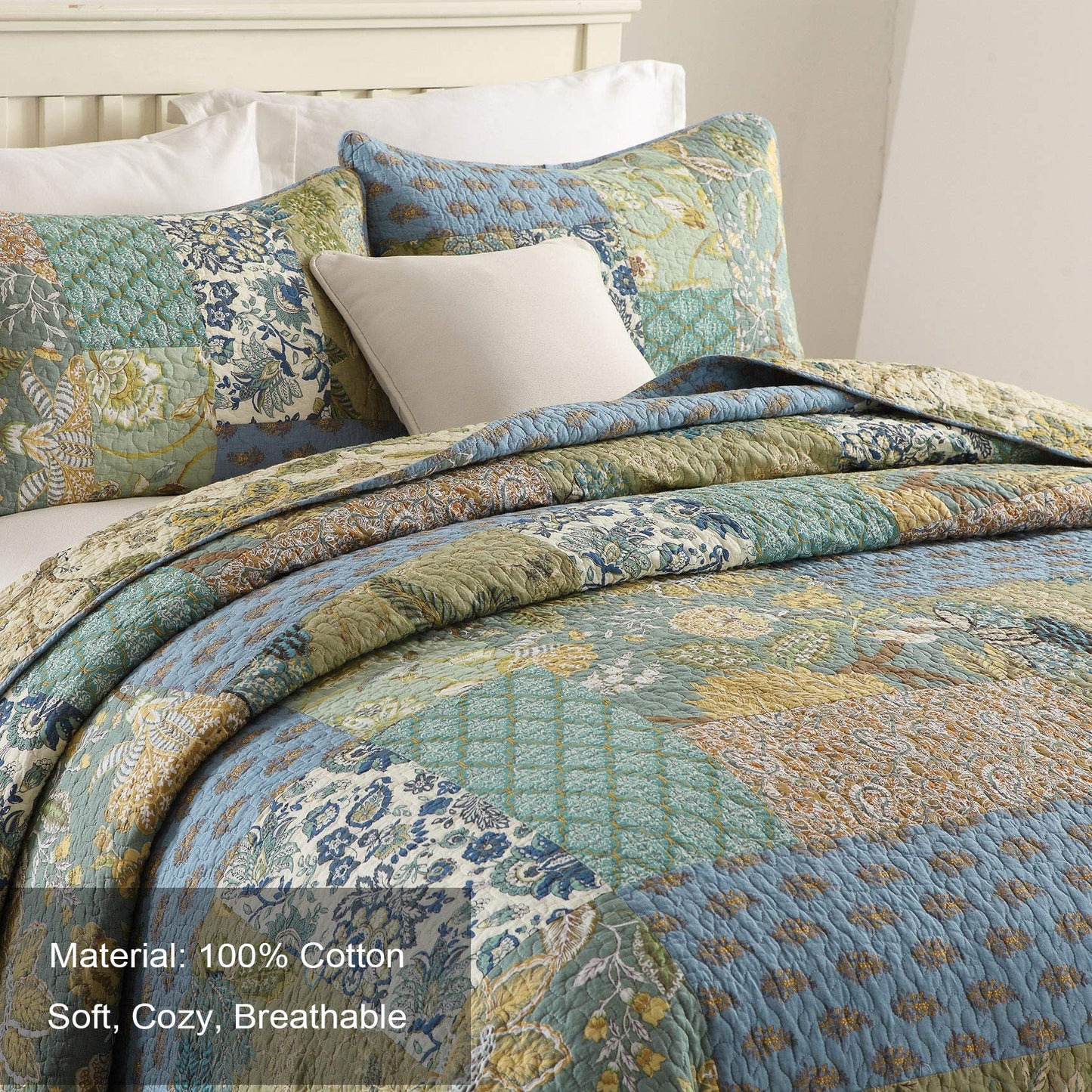 MaiuFun Cotton Bedspread Quilt Sets King Size, Reversible Bohemian Floral Patchwork with Real Stitched Plaid Patterns, 3-Piece Bedding Coverlet for All Season (1 Quilt + 2 Pillow Shams)