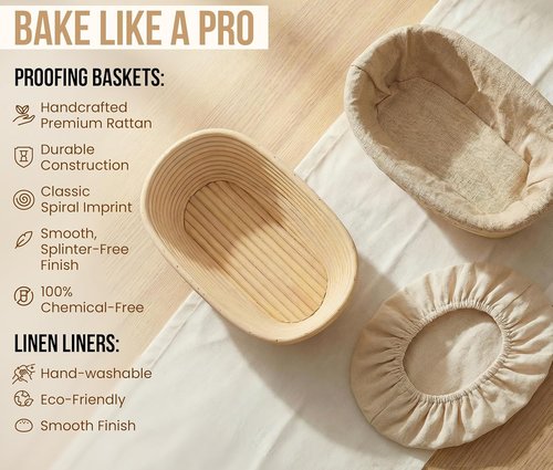 Kook Banneton Bread Proofing Baskets - Artisan Sourdough Making Set of 2 | 9.8 Inch Handwoven Rattan with Cloth Liners