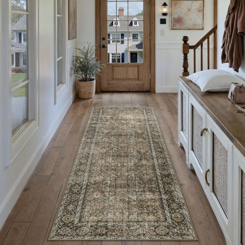 PureCozy Brown Runner Rug 2x6 Vintage Area Carpet Hallway Long Indoor Kitchen Washable Living Room Low Pile Traditional Distressed Retro Accent Throw Rug Non Slip Laundry Bathroom Office Dining Room