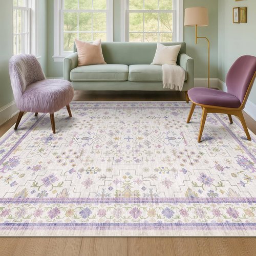 Hazo Haus Purple Area Rug - Non-Slip, Machine Washable 4x6 Floral Design for Girls' Bedroom & Nursery