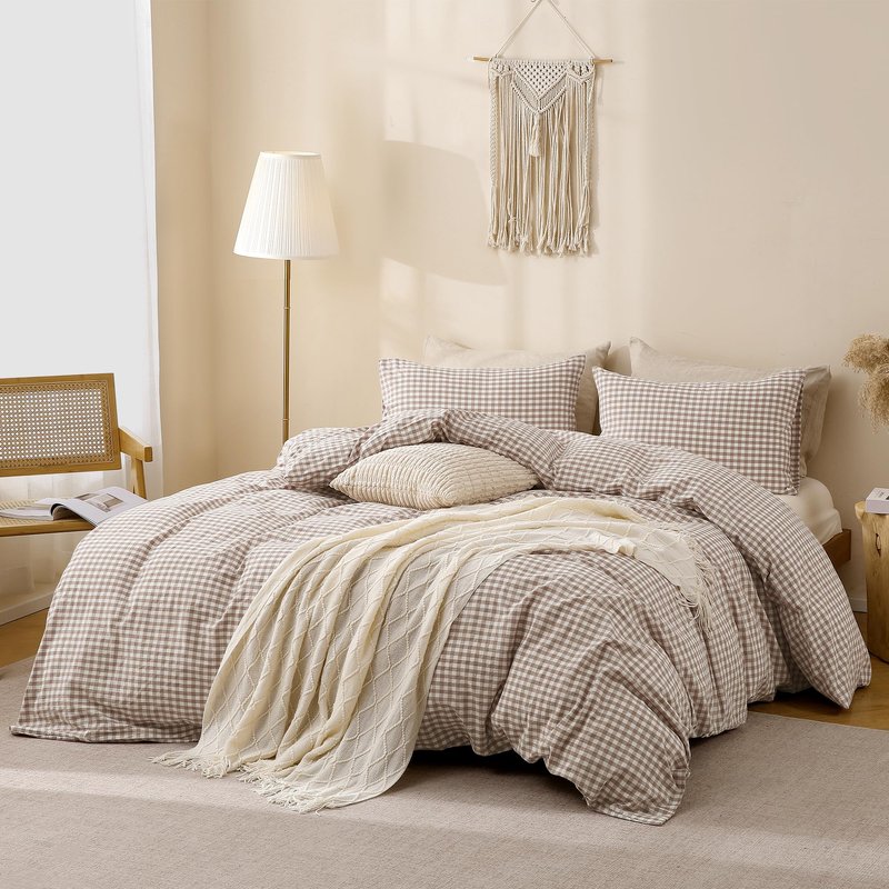 TOCOMOA Tan Gingham Duvet Cover Bedding Set 100% Washed Cotton Like Linen Feel Super Soft Comfy 3 Piece Brown Vintage Plaid Checkered Fall Comforter Cover Set (King 104"x90", Comforter Not Included)