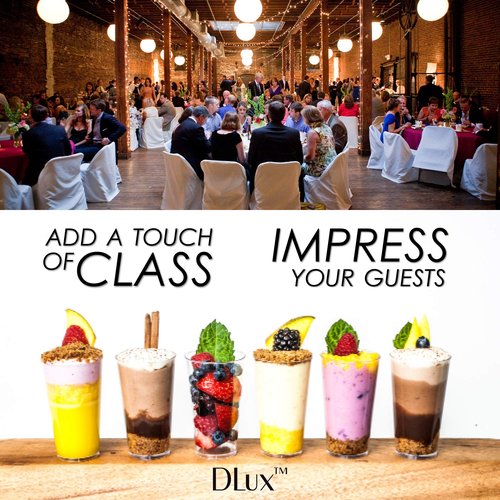 DLux 100 x 3oz Mini Dessert Cups with Lids & Spoons, Shooter - Clear Plastic Parfait Appetizer Cup - Small Reusable Cups for Tasting Party Desserts Appetizers - With Recipe Ebook