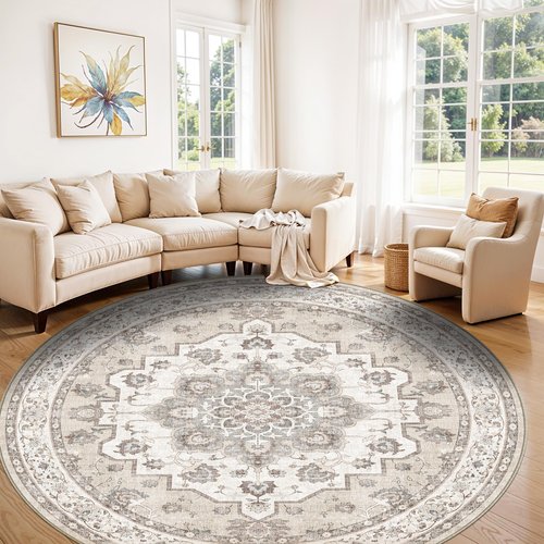 6ft Washable Kitchen Round Rug: Non-Slip Circle Area Rug for Living Room Dining Room Under Table Low Pile Soft Circular Carpet Water Resistant Durable Mat for Newlywed Cozy Home Decor(6ft-Round,Beige)