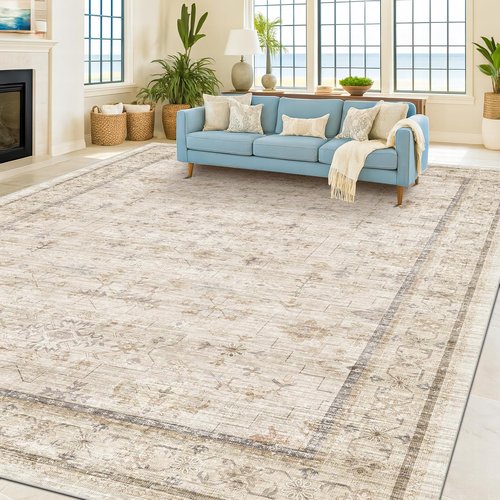 Hazo Haus Washable Ivory Living Room Rug - 8x10 Non-Slip Area Rug for Bedroom & Dining Room Decor