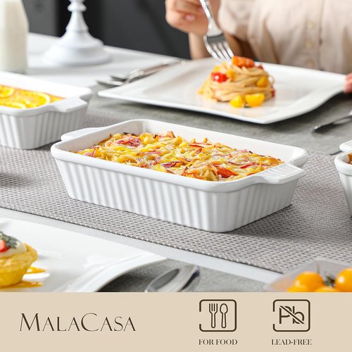 MALACASA Ceramic Bakeware Set - 5-Piece Oven Safe Casserole Dishes | White, 9" to 14.7" Sizes
