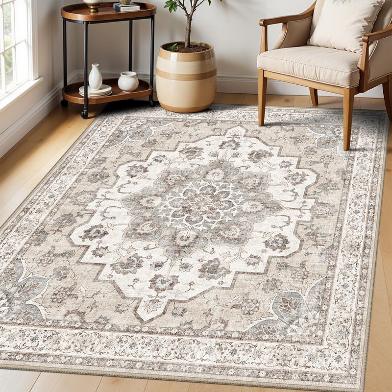Washable 5 x 5 Square Area Rug: Water Resistant Durable Rugs Low Pile Soft Kitchen Carpet with Non-Slip Backing Indoor Oriental Non-Shedding Floor Carpets for Bedroom Entryway Home Decor (5x5,Beige)