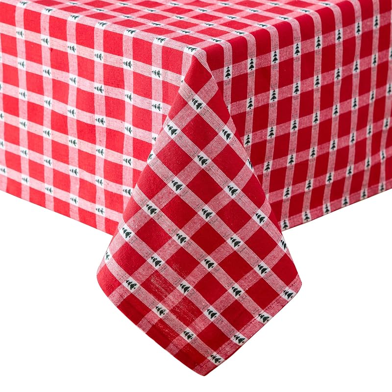 70" Round Christmas Tablecloth with Little Christmas Trees, Cotton Plaid – Lintex